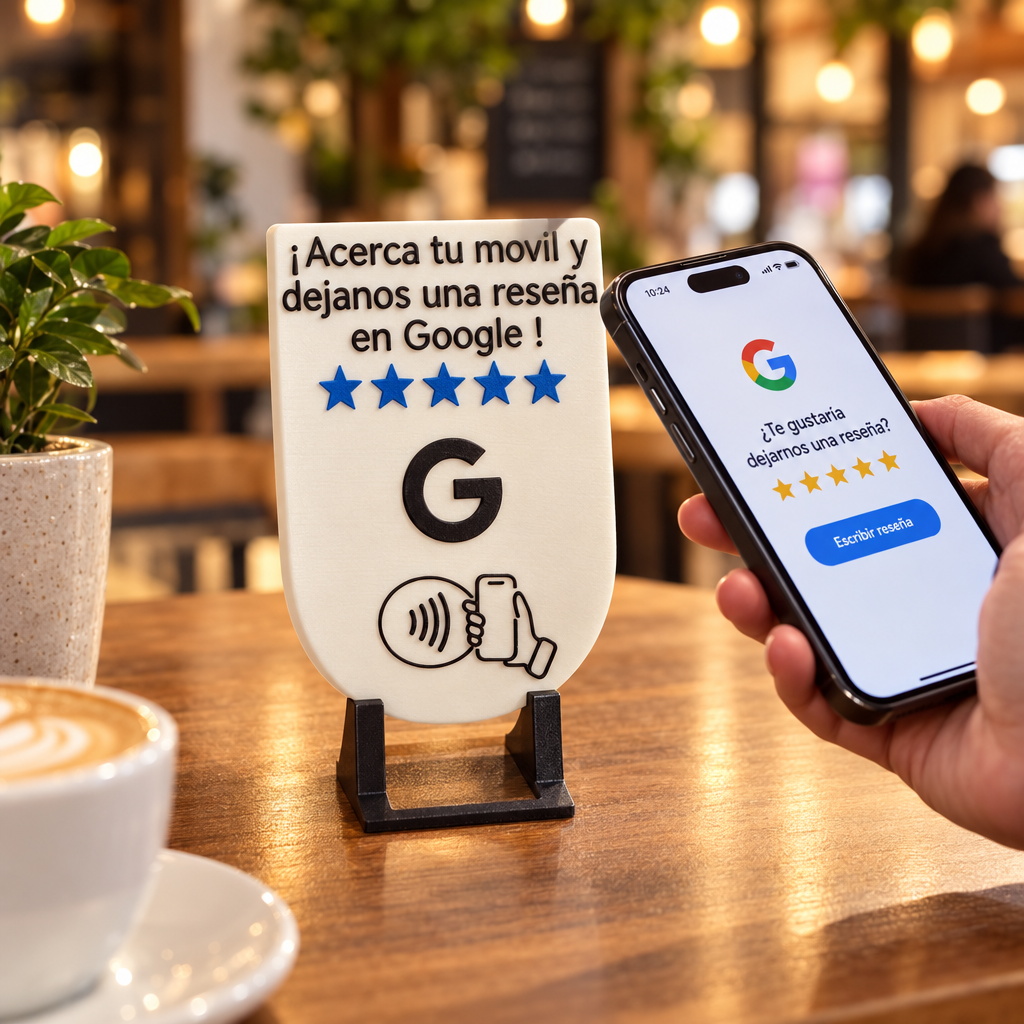 Tarjetas para reseñas de Google impresas en 3D: fotografía del producto real